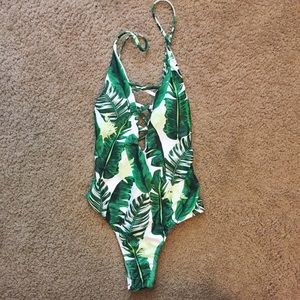 Tropical Palm Leaves One Piece Crisscross Swimsuit